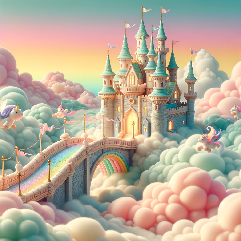 A castle with a bridge, in a front of a rainbow