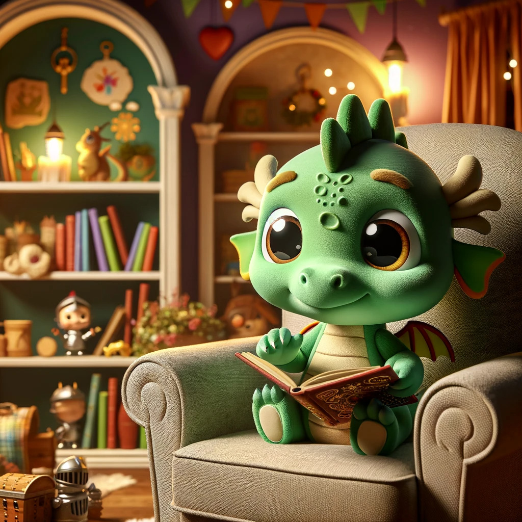 A green dragon reading a book in a comfy chair