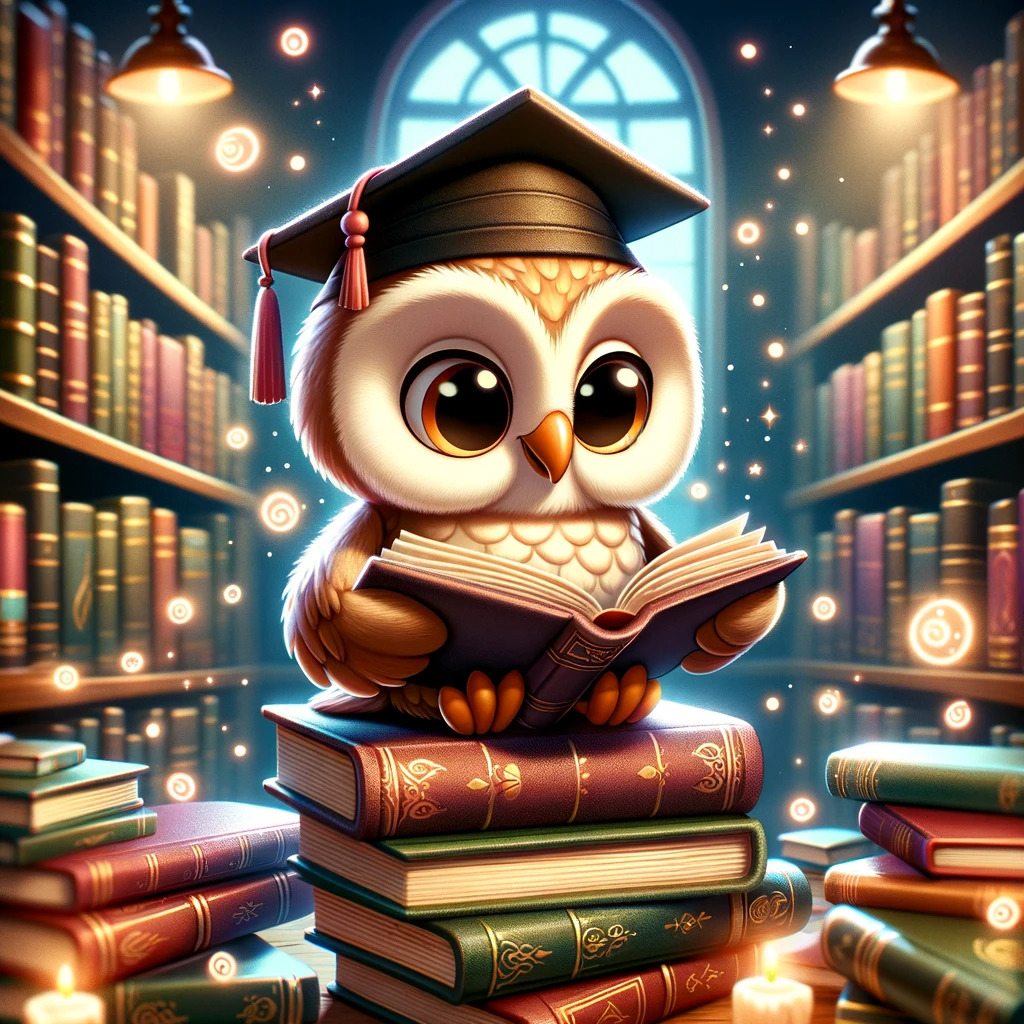 An excited owl in a library